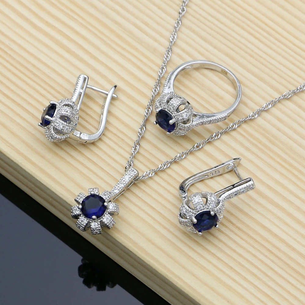 Blue Cubic Zirconia 925 Sterling Silver Bridal Jewelry Sets Docoration Women Wedding Earrings Rings Dropshipping Necklace Set