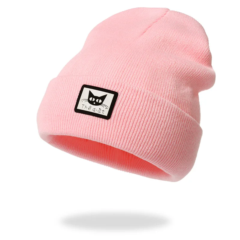 Autumn Winter New Fashion Trendy Knitted Hat for Women Pink Solid Patch Cute Cat Cuffed Beanies Female Ski Hat Girls