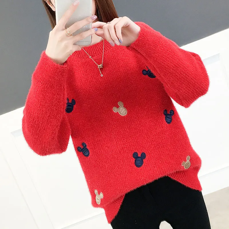 

Women Knit Pullover Sweater 2021 New Autumn Winter Clothes Warm Long-sleeved Imitation Mink Velvet Knitwear Tops Jumper Female