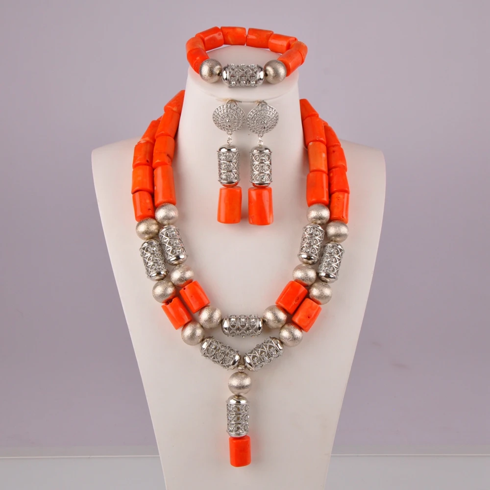 

African Bride Wedding Jewelry Orange Natural Coral Bead Necklace Set Nigeria Wedding Banquet Costume Jewelry Set AU-59