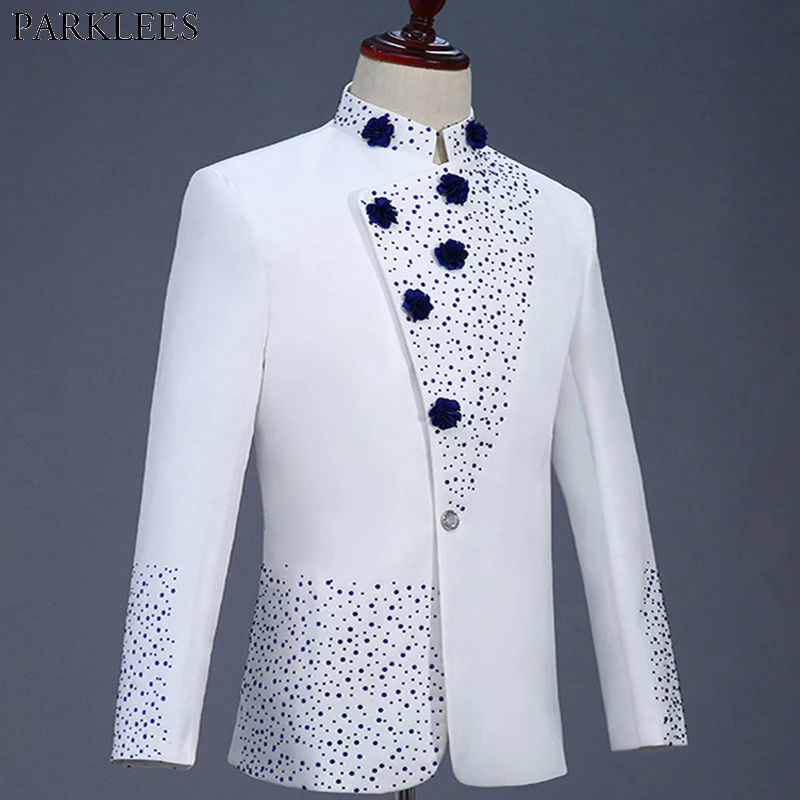 Mens White Suit Diamond Floral 2 Piece Men Wedding Groom Tuxedo Suit Mens Suits with Pants Party Slim Fit Sets Singer Costume