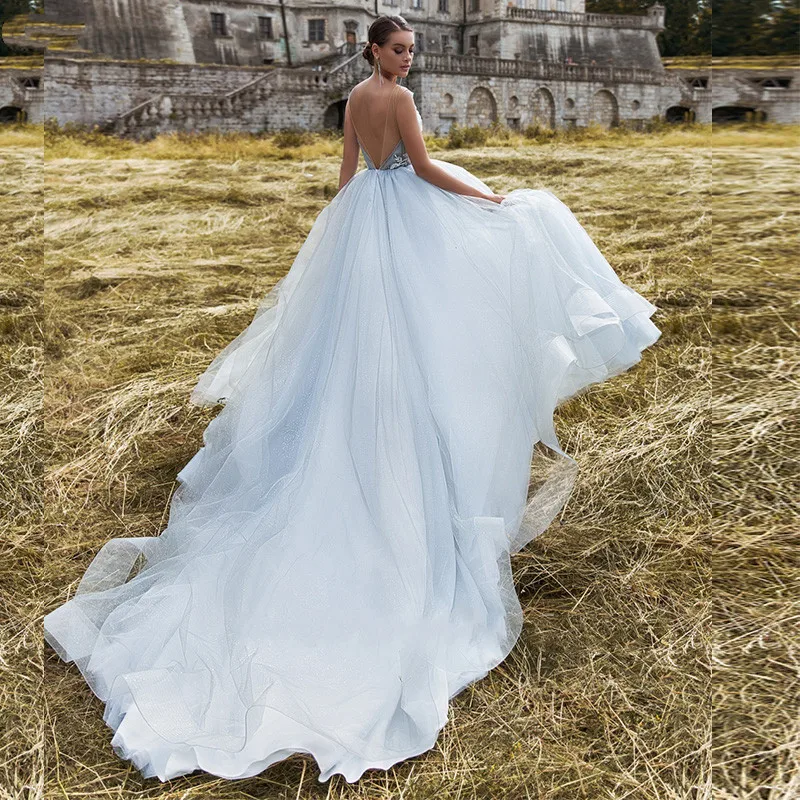 Robe de mariée de princesse bleu poussiéreux, paillettes, dos nu, avec des Appliques en dentelle, ligne a, Court, Train, sans manches, col en v, robes de fête, nouvelle collection