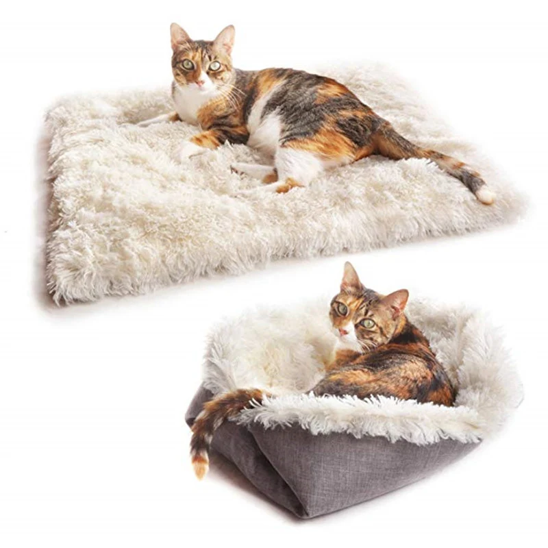 

Foldable Dog Cat Bed Soft Square Plush Dog Lair Cat House Pet Sleeping Mat House Dual Purpose Winter Warm Sleeping Pads