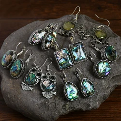 Natural Colored Shell Earrings for Women Vintage Silver Plated Owl Pattern Water Drop Ear Hook Fashion Party Jewelry