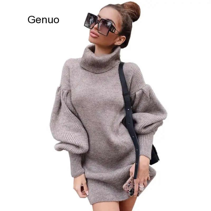 

Women Turtlenecck Long Puff Sleeve Knitted Pullover Sweater Dress Party Sexy Winter 2020 Casual Khaki White Mini Dress