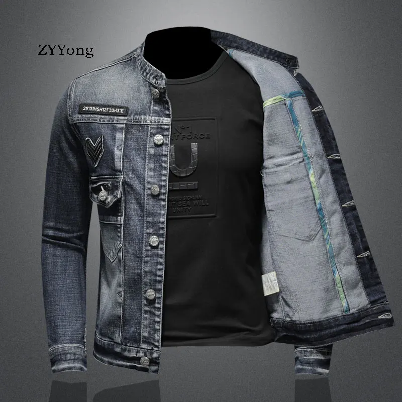 Mùa Xuân Mới Phong Cách Châu Âu Cổ Áo Đứng Điện Đơn Phi Công Lái Máy Bay Ném Bom Xanh Denim Áo Khoác Nam Áo Khoác Jean Xe Máy Quần Áo Thông Thường