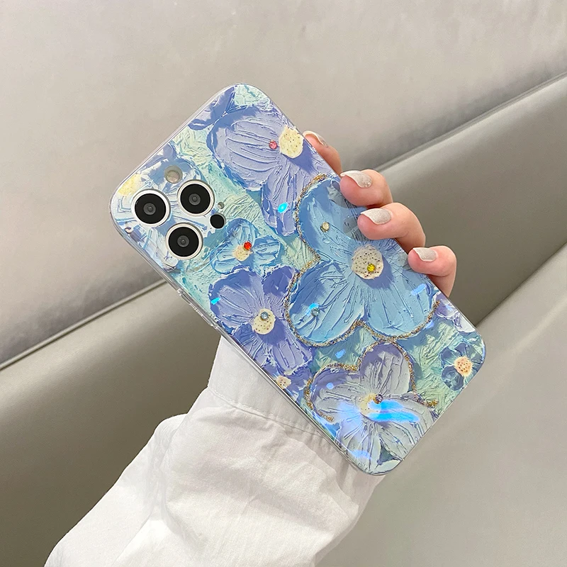 Luxury Fashion Retro Flowers Laser Phone Case For iPhone 11 12 13 14 15 16 Pro MAX X XS XR 7 8 Plus SE Soft Shockproof Cover image 4