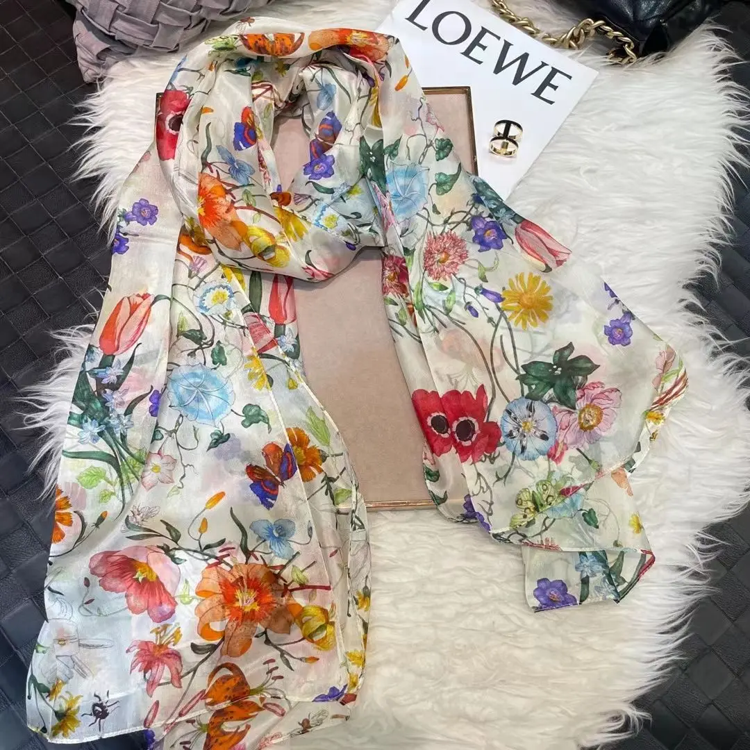 Pomarańczowy niebieski zima kobiety czysty jedwab szal szal wiosna jesień moda duże eleganckie klasyczne długie szale okłady drukowane 180*110cm