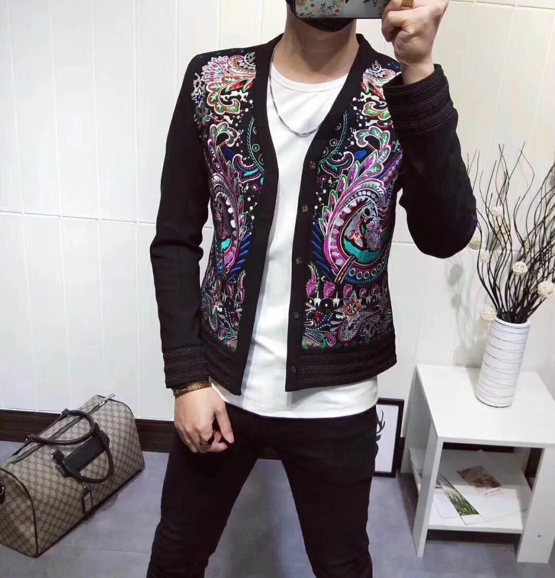 Blazer Show Men Night Store Man Heavy Embroidery Jacket Self-cultivation Show Star Handsome Coat Blazer Homme Heren Colberts