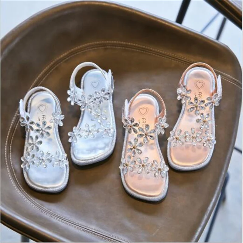 2024 New Baby Girl Sandals Crystal Bling Diamond Flower Princess Dance Shoes Small Big Kids Party Shoes1-12 Years Old chaussure