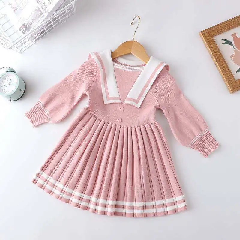 Children Fall Clothes Autumn Baby Girls College Style Lapel Long-sleeved Dress Kid Knitted Sweater Dress Sailor Collar 2-8