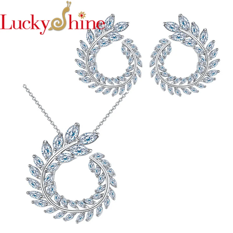 LuckyShine 2 Pcs Bridal Jewelry Set For Women CZ Sets Necklace Pendants Earring Zircon Engagement Party Jewelry Gift