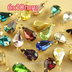 20pc 6x10mm teardrop  glass crystal Vintage shining Rhinestone single Daggle Beads pendant with gold casting connectors