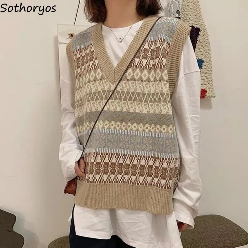 V-neck Women Sweater Vest Pullover Retro Korean Style Sleeveless Students Leisure All-match Trendy Spliced Vintage Chic Tops New