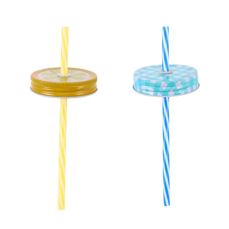 8pcs Regular Mouth Mason Jar Lids With Straw Hole 8 Lids 8 Striped Straws 1 Brush Set Beaded Cock Mason Cup Cap Random Color