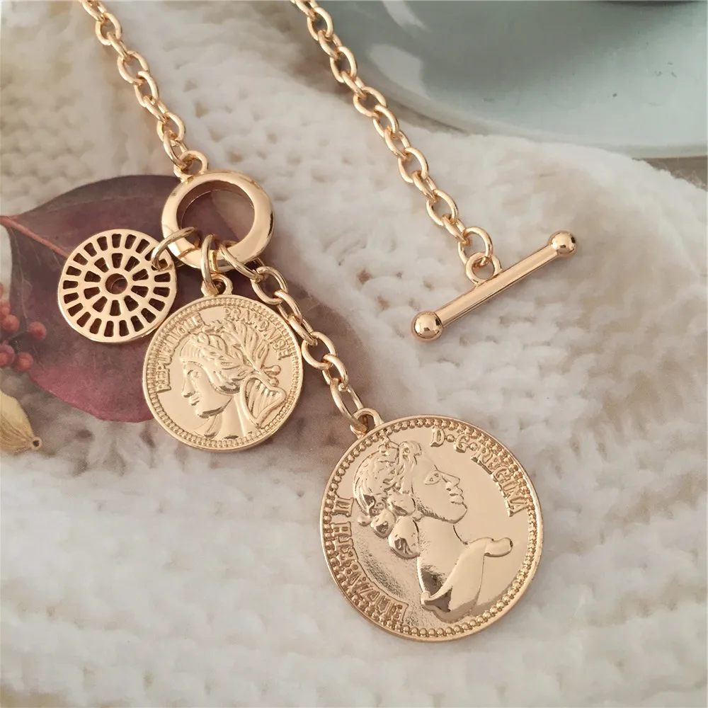 Elegant Gold Color Plating Coin with Round Filigree T Bar O bar Enclosure Necklace For Women Gorgeous Bohemia Trendy Jewelry