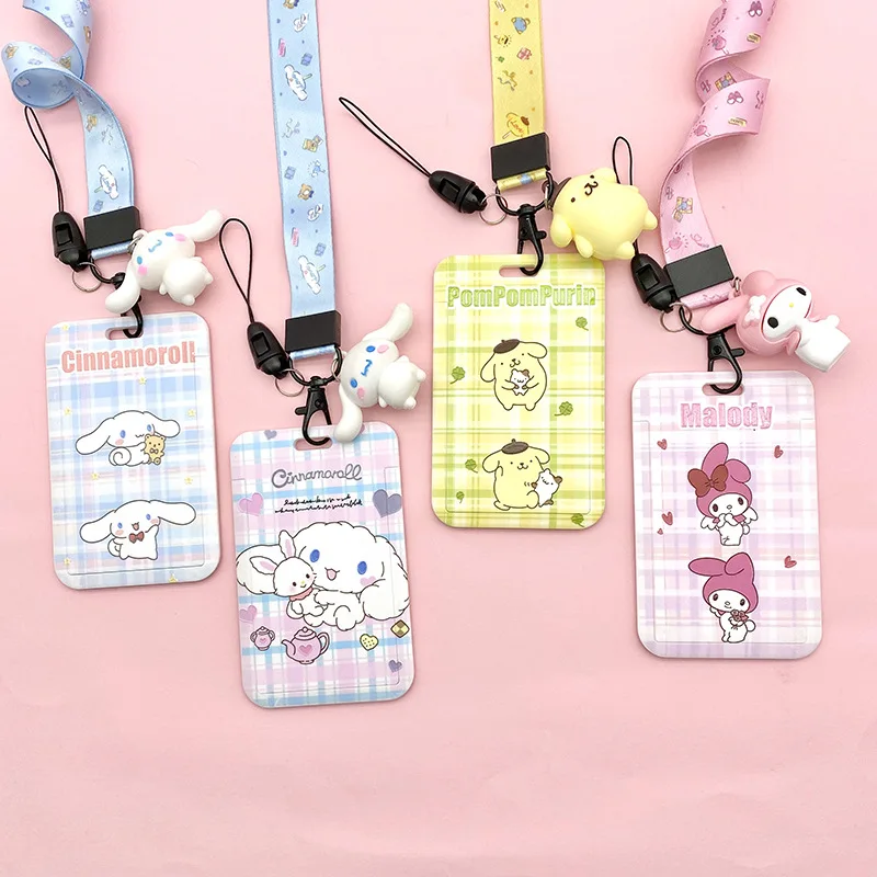 Cartoon Kawaii Card Sleeve Key Chain Cinnamoroll Pompom Purin Kuromi Mymelody Bus Card Student Campus Meal Card Protection Cover