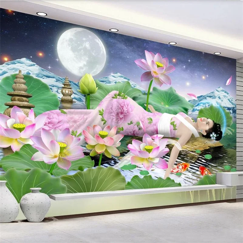 wellyu Customized large mural painter hand-painted Yaochi fairy Dunhuang flying Chinese wind myth TV background wallpaper