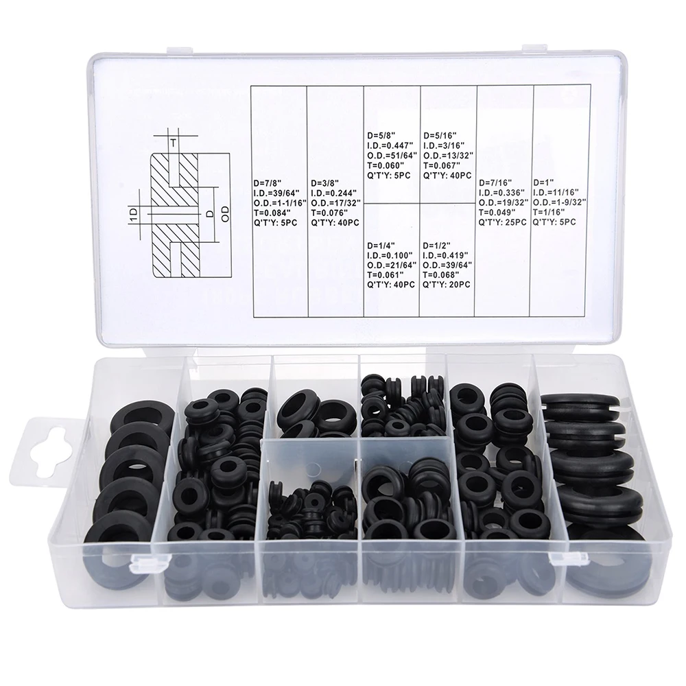 Rubber Grommet Combination Kit Electrical Conductor Gasket Ring Kit for Wires, Plugs and Cables, 180 Pieces