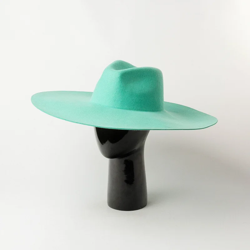 Cyan Apple Green Light Top Fedora Hat Wool Hat Oversized 16cm Large Eaves Light Top Fedora Hat for Men and Women