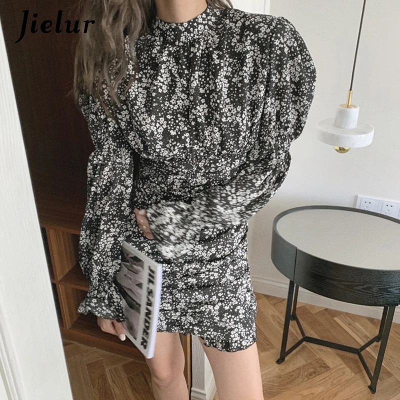 Jielur Retro kobiety ubierają nowe w kwiatki z golfem seksowna morelowa czarna sukienka wiosna elegancka dama z długimi rękawami Mini sukienki kobiece S-L