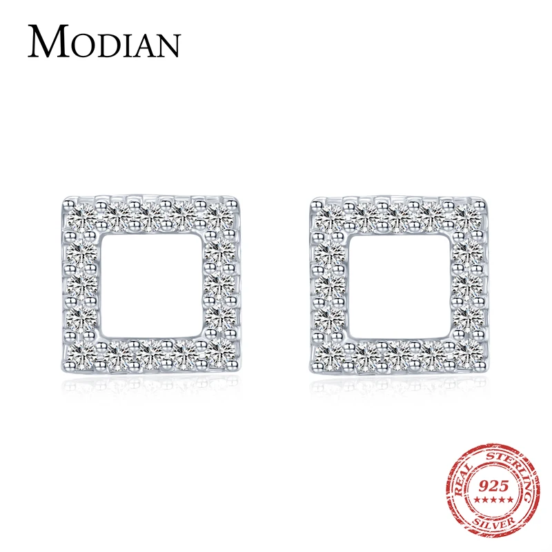 

MODIAN Square Sparkling Clear CZ Stud Earrings For Women 925 Sterling Silver Fashion Ear Studs Simple Party Fine Jewelry Gifts