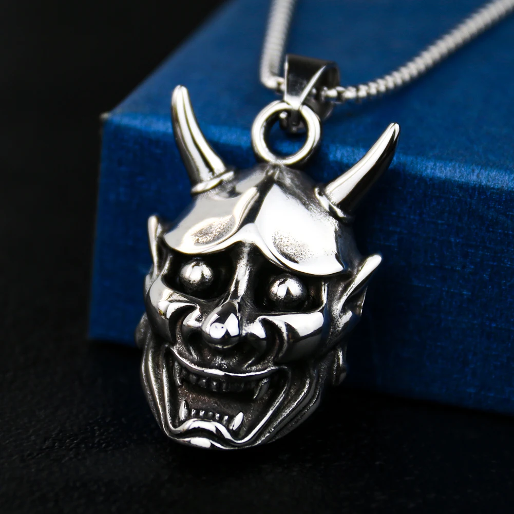 Japanese Ukiyoe 316 Stainless Steel Evil Oni Noh Hannya Ja Pendant Necklace Wallet Charm Chain Halloween Devils Night Mask