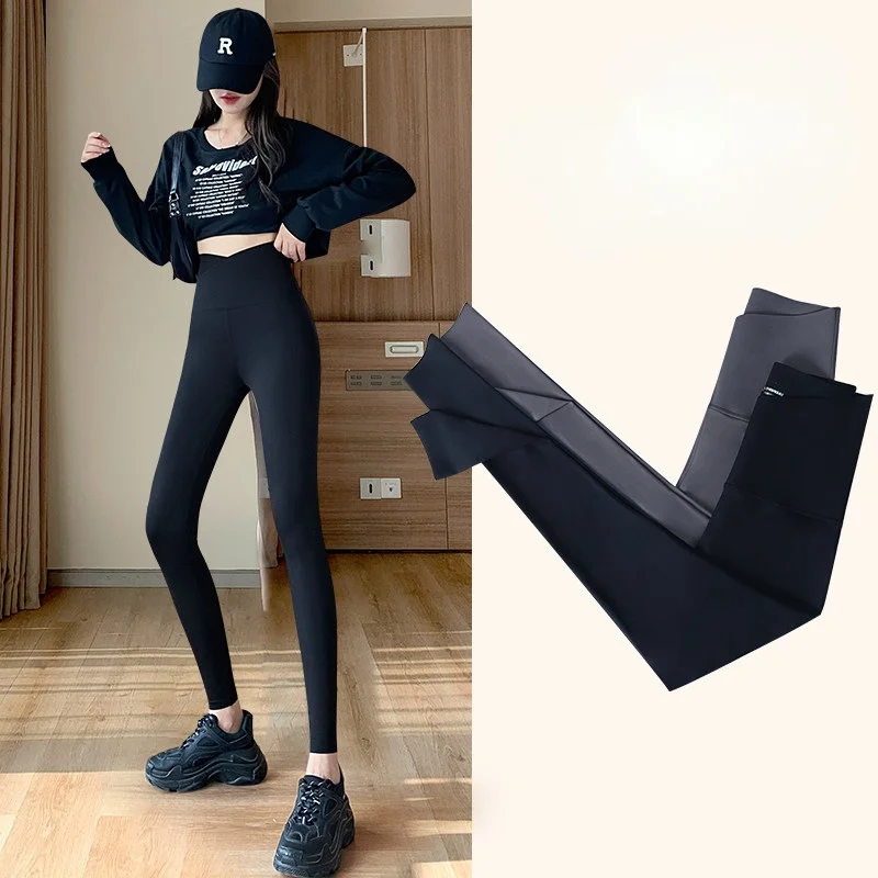 Thickened Shark Skin Leggings for Women, Cross High Waist, Hip Lifting, Belly Closing, Yoga Pants, Autumn and Winter Wear