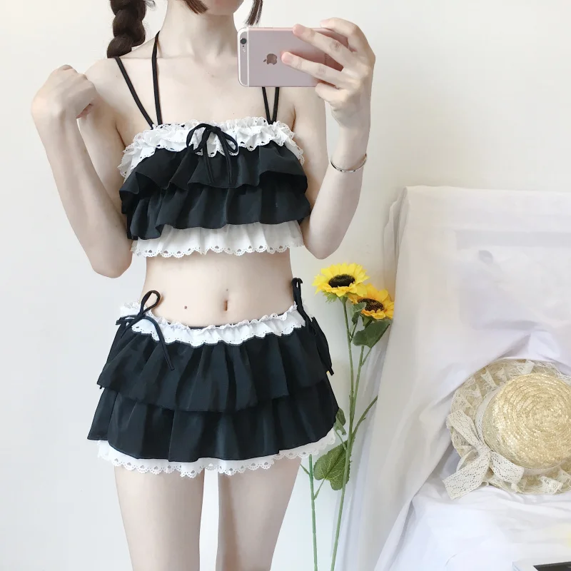 Bikini Kerut Lolita Perempuan Lucu Cosplay Sukuwaku Baju Renang Warna Merah Muda dan Hitam Kelim Berlapis Berongga Pakaian Renang Wanita Biquini