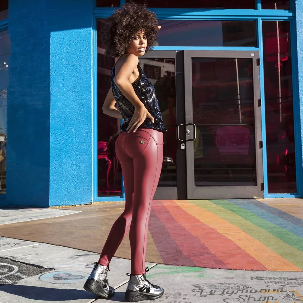 Melody Burgundy Faux Leather Pants Winter Women Straight Leg Tight Pants Street Wear High Fashion Ladies Trousers