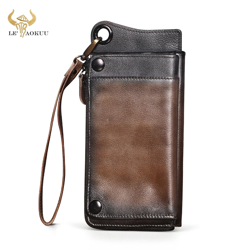 Retro Organizer Genuine Leather Design Emboss Travel Checkbook Chain Zipper Pocket Wallet Purse Clutch For Men Male ck001