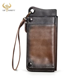 Retro Organizer Genuine Leather Design Emboss Travel Checkbook Chain Zipper Pocket Wallet Purse Clutch For Men Male ck001