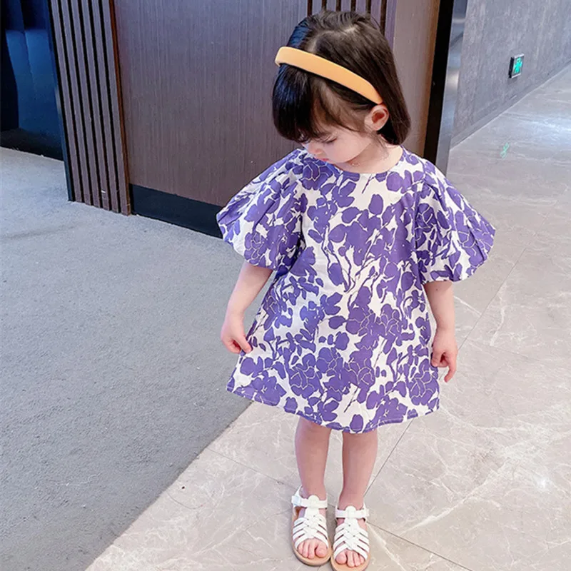 

Baby Girls Summer Dress New Kids Fashion Floral Print Puff Sleeve Cotton Princess Dress 1-7Yrs Children Birthday Party Dress