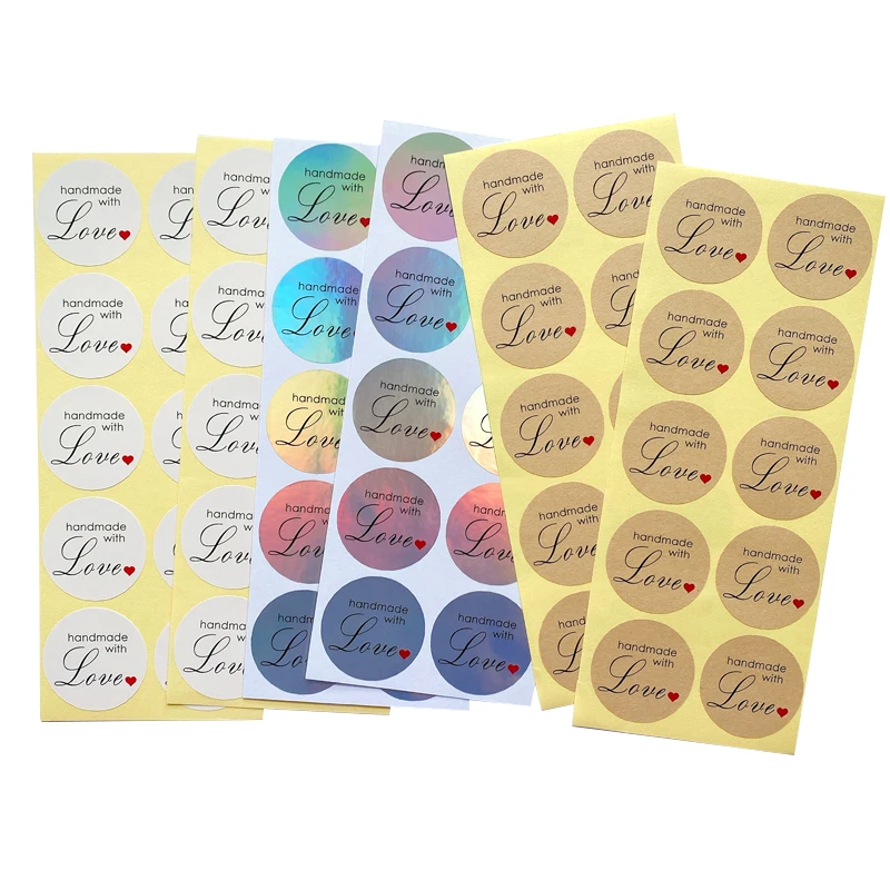 100Pcs 3.5CM Handmade with Love Red Hearts Decorative Stickers Waterproof Round Plain Silver DIY Labels