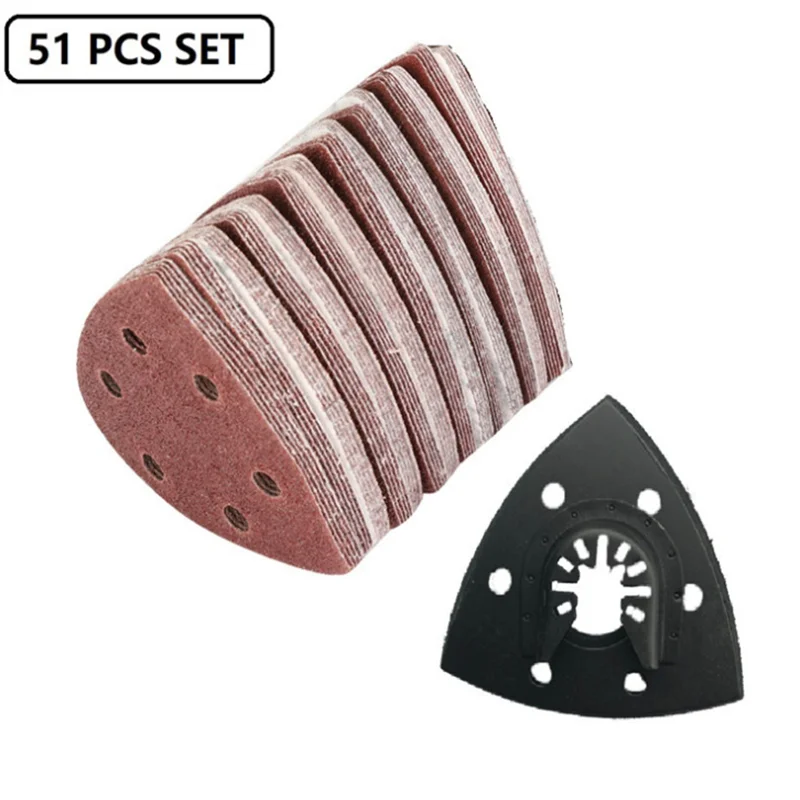 51 Pcs Triangular 60/80/100/120/240 Grits Oscillating Multi Tool Abrasive Sandpaper and Triangle Multitool Sanding Pads Kits