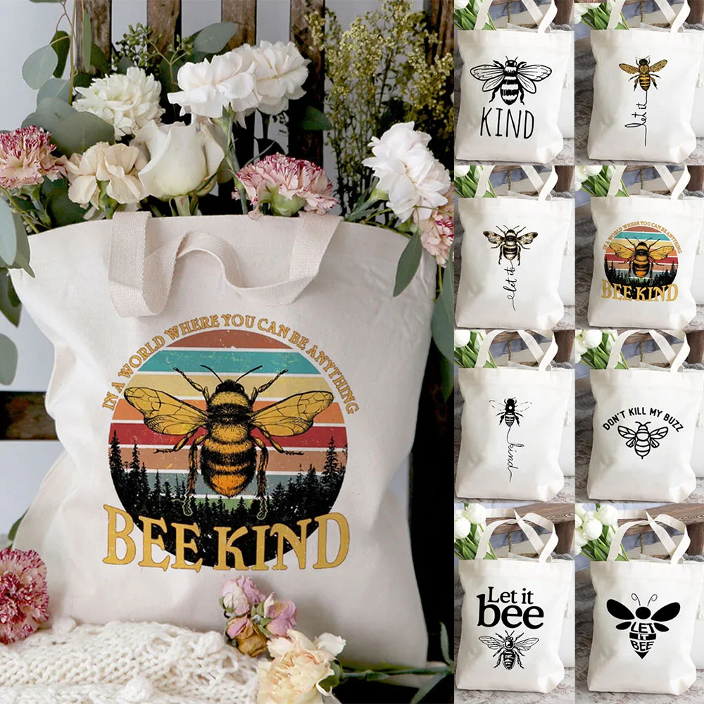 Honeybee Women Let It Bee Graphic Print Female Mujer Reusable Canvas Shopping Shoulder Bag Shopper Cute Tote Bags Cloth Handbag