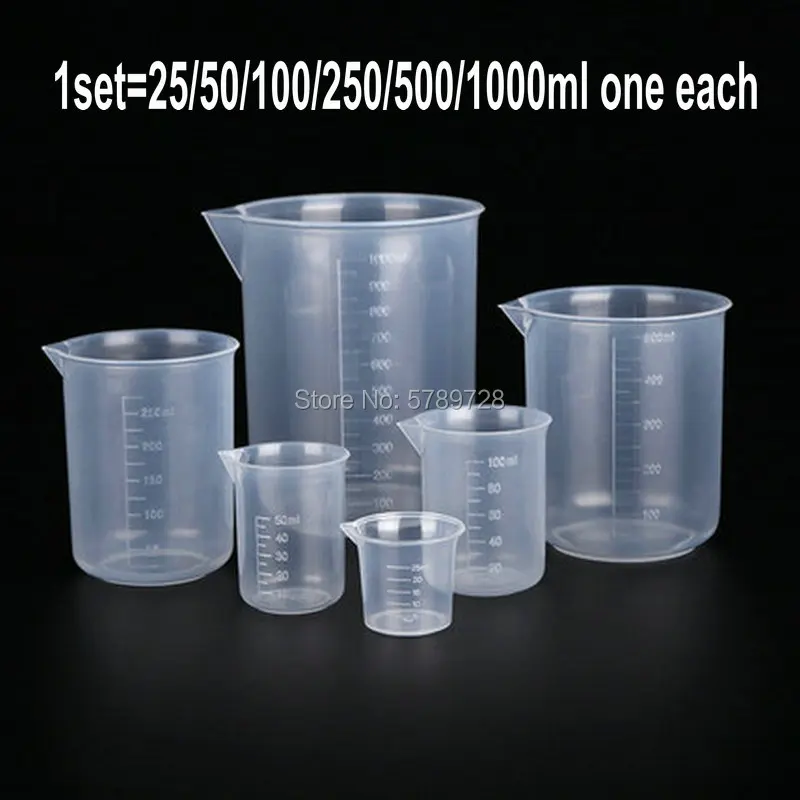 1set Laboratory plastic beaker with scale plastic measuring cup including 25/50/100/250/500/1000ml one each