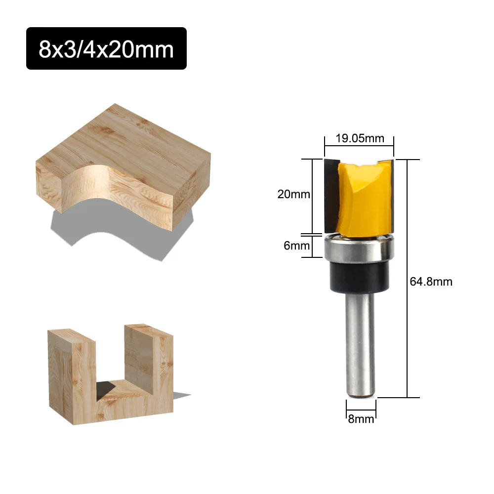 Guarnição dobradiça Mortising Router Bit, 8mm Shank Template, Moinho de extremidade reta, Limpeza do aparador, Flush Trim Tenon Ferramentas para