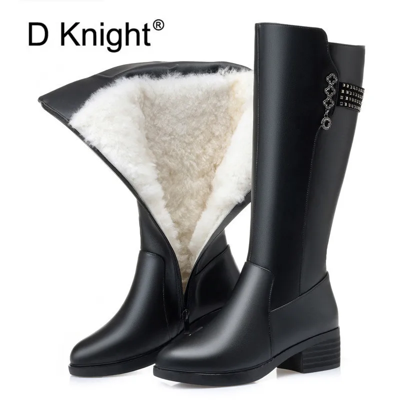 Genuine Leather Women Knee High Boots Winter Plus Velvet Wool Lady High Heel Boots Mother Shoes Woman Keep Warm Female Snow Boot