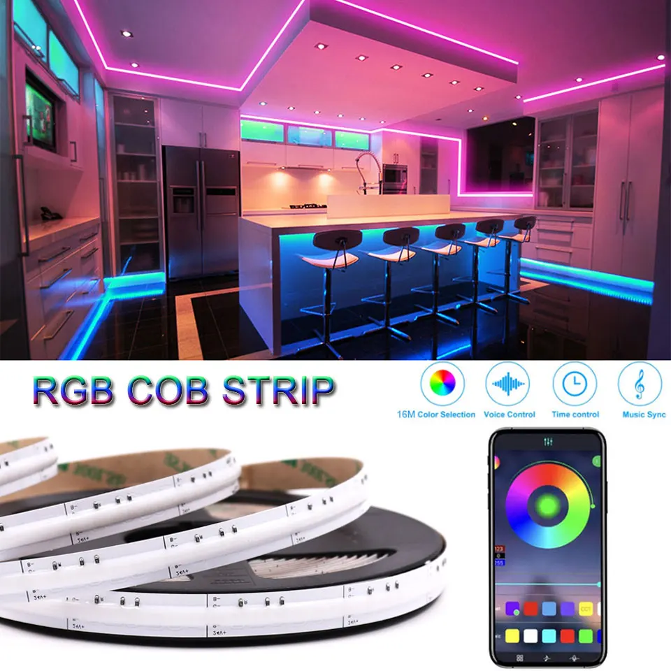 RGB FOB LED Strip 12V 24V 840 LEDs High Indensity House Decoration Mobile App Controlled Colorful Flexible COB Light Bar Tape