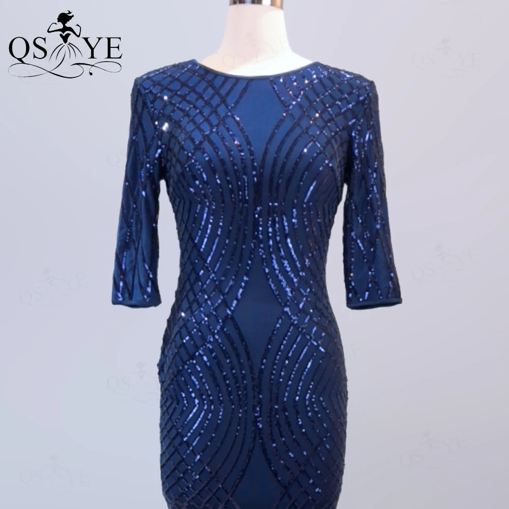 Vestido de noche azul marino con lentejuelas para mujer, Vestido Formal elegante con cuello alto y mangas largas, cola de pez, corte azul