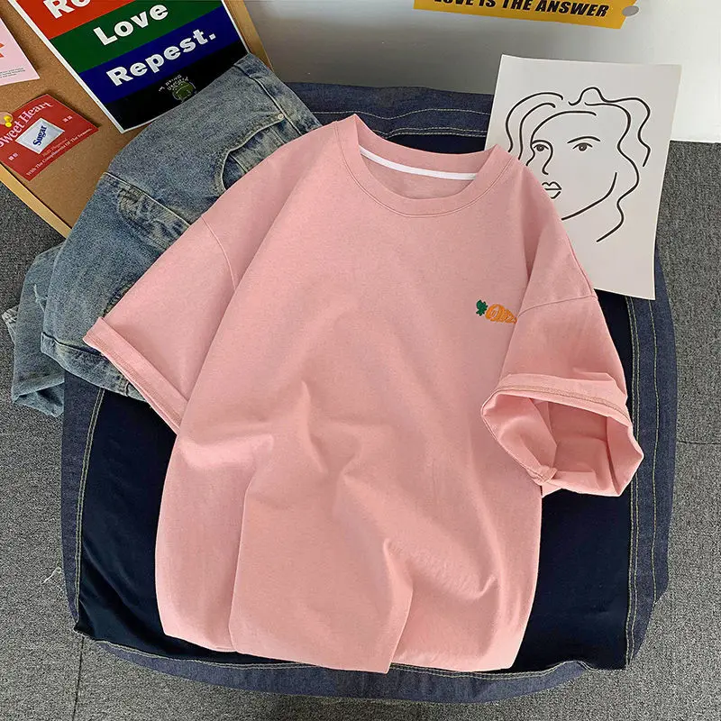 Short Sleeve T-shirts Women Sweet Cotton Casual High Street Preppy Style Embroidery Print O-neck Baggy Graphic Tshirts Femme Ins