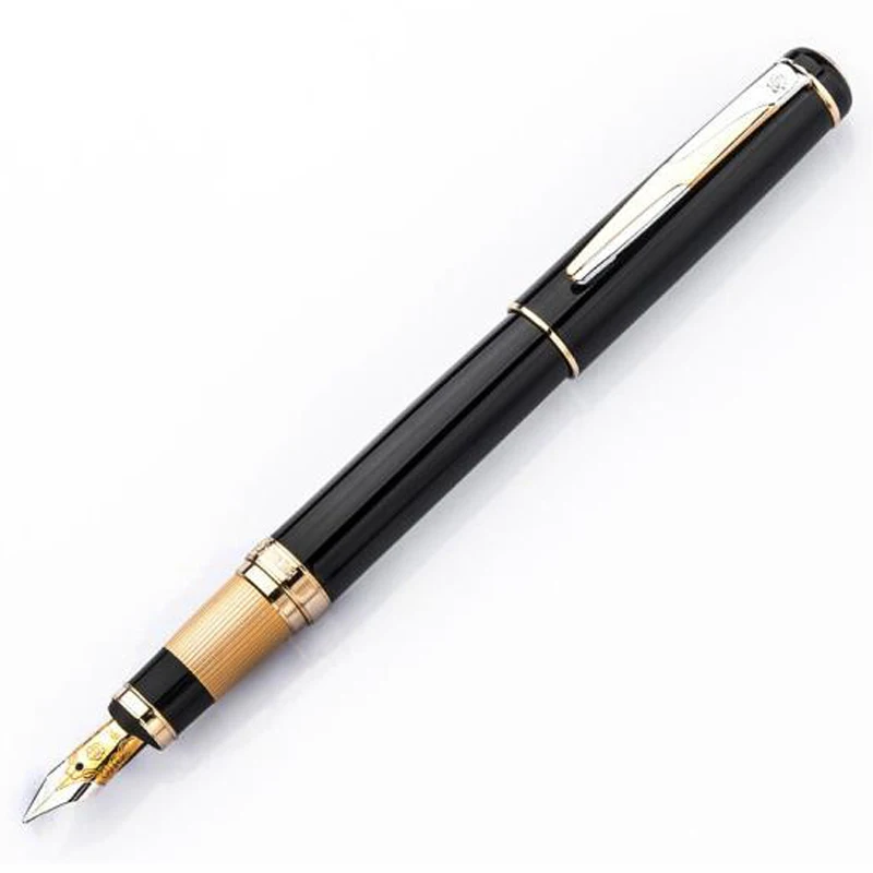 Hero 300 12K Gold Novelty Metal Black Fountain Pen Golden & Silver Trim Authentic High Grade Ink Pen Gift Box Writing Office Set