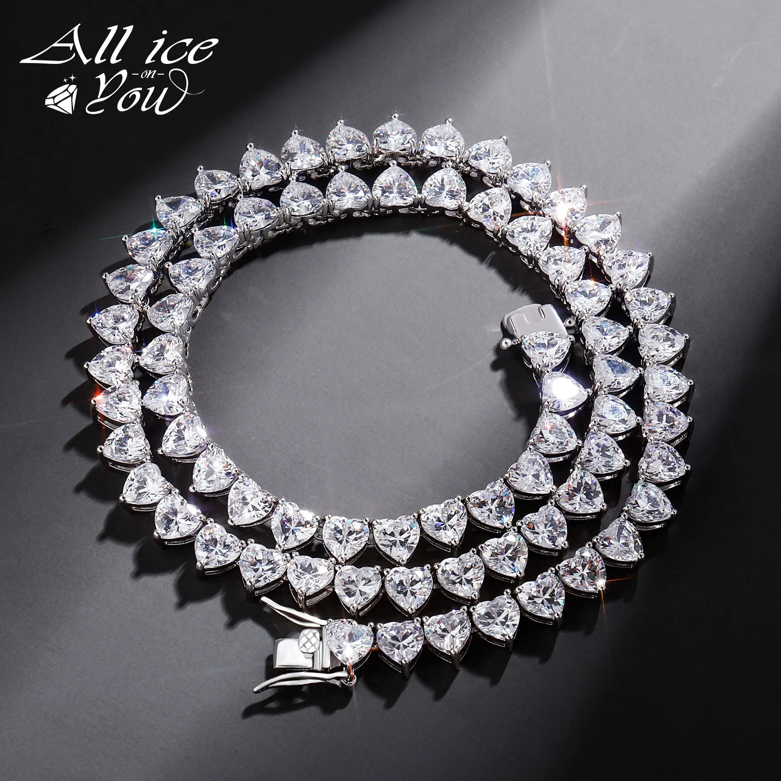 ALLICEONYOU 6mm Women Jewelry Tennis Necklace 3Claw Set Heart Stone Iced Out Cubic Zirconia Bling Hip Hop Jewelry Necklace Gift