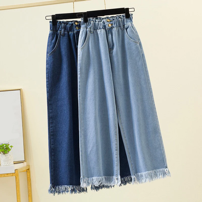 S-5XL Straight Jeans For Women 2022 Spring Autumn Tassels Blue Loose Denim Trousers Elastic Waist Wide Leg Pants