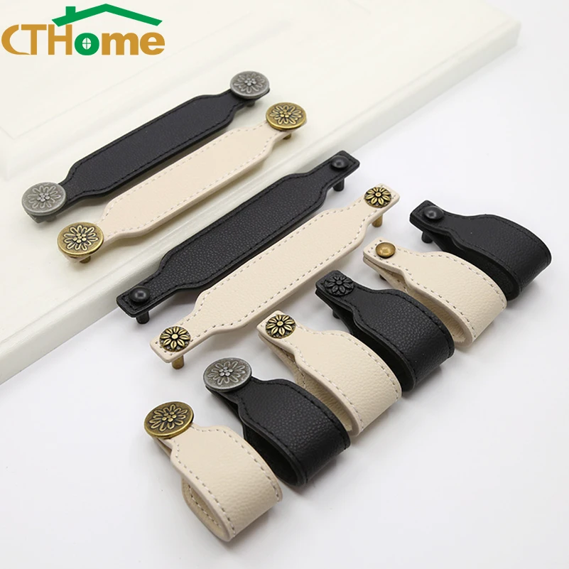 128mm Leather Kitchen Handles Nordic Drawer Cabinet Knobs and Wardrobe Handles Furniture Door Pulls Hardware