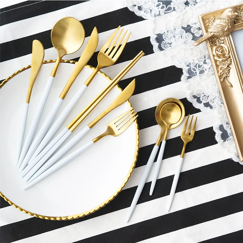 Gold Tableware Set Matter Silverware 304 Stainless Steel Cutlery Set Kitchen Dinnerware Set Knife Spoon Chopsticks Western White