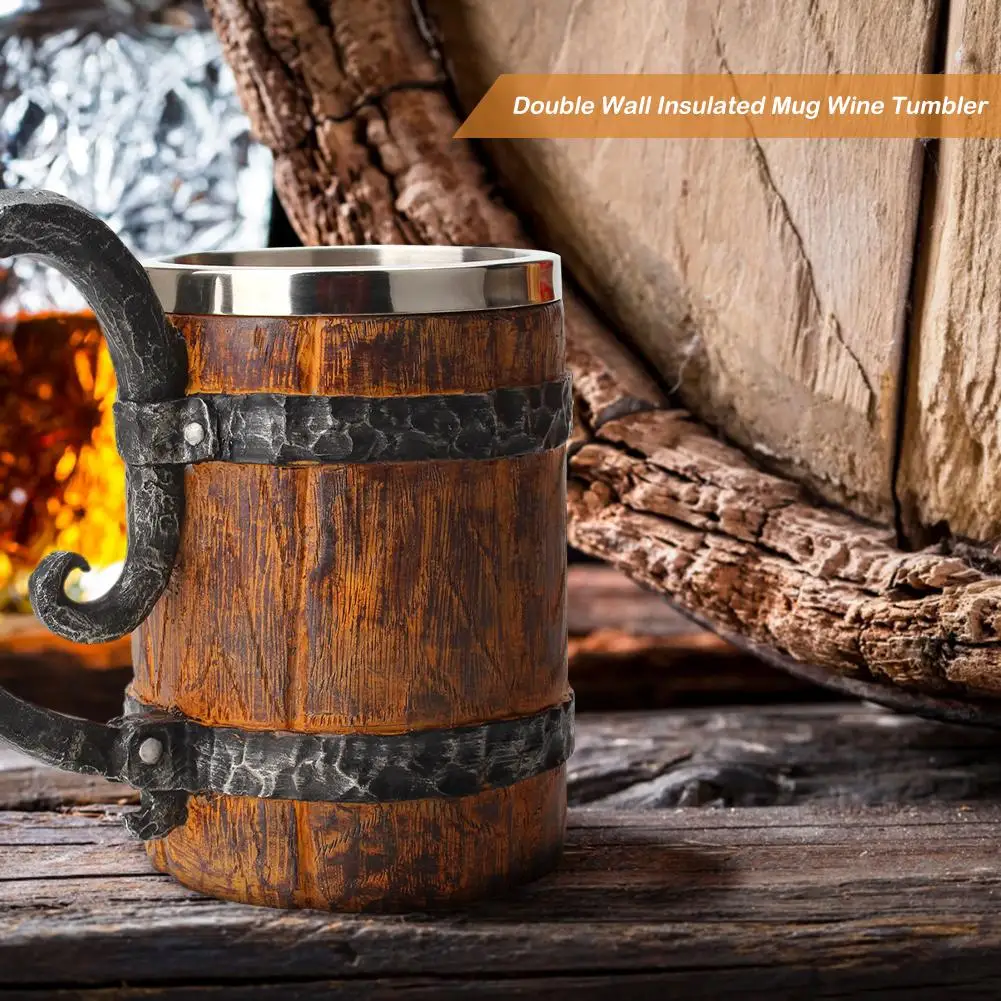 Original Viking Drinking Mug Simulation Wooden Barrel Beer Cup Double Stainless Steel Mug Gift Home Cup Wood Color