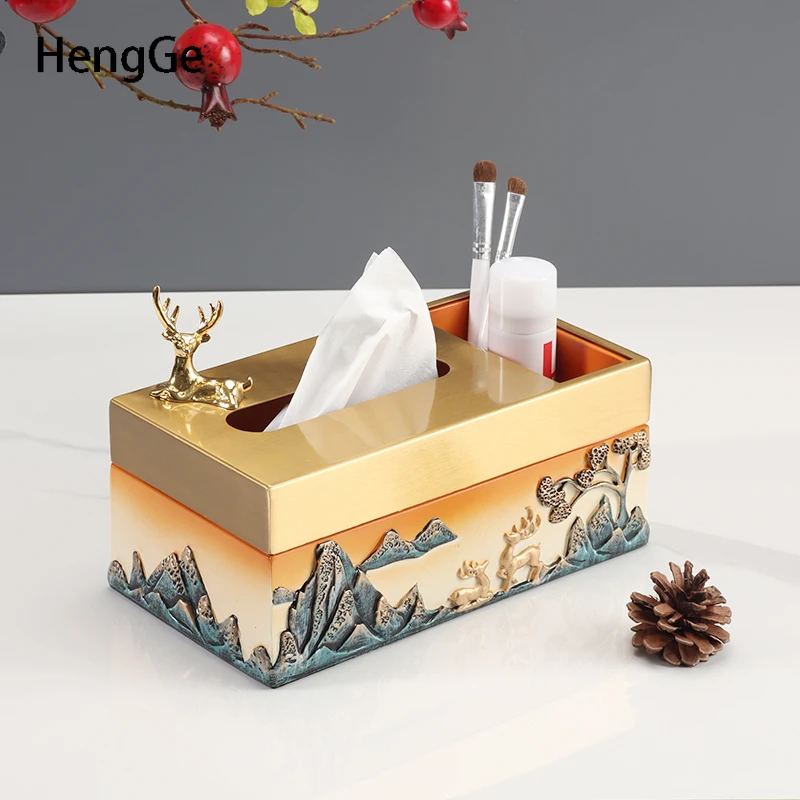 Luxury Resin tissue box Creativity landscape Relief Tissue Box Cover gold deer Multifunctional storage Paper boxs Home Decor