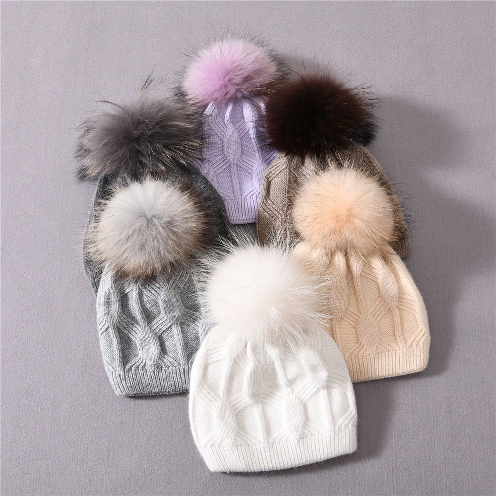 

Kids Winter Knit Hats for Girl Boy Natural Fur Pom Pom Children Bonnets Warm Thick Double Layer Cute Baby Outdoor Candy Color